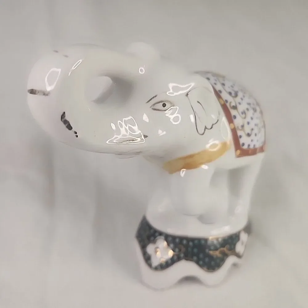 Elephant White Blue Floral Blanket Gold Accent Ceramic Figurine 4 1/2